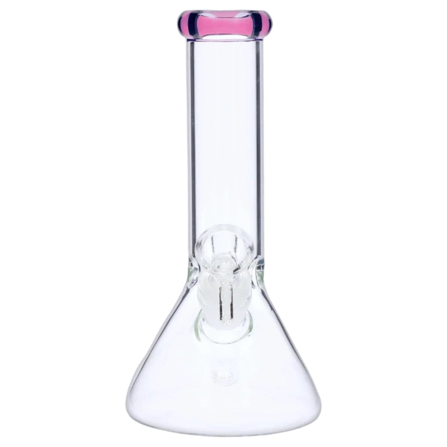 Center-front view of the 8‚Äù 4mm Colored Mouthpiece Beaker showing its clear glass beaker body and a pink-tinted rounded mouthpiece against a white background.