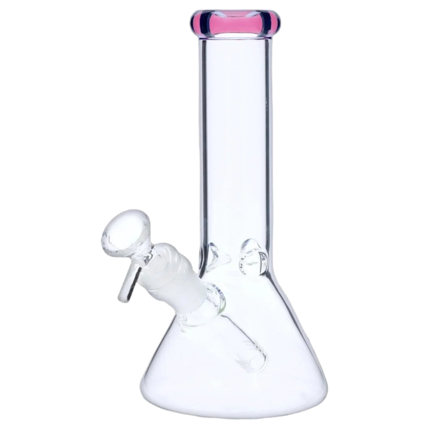 Front-facing close-up of the 8‚Äù 4mm Colored Mouthpiece Beaker showing its clear glass body and pink-rimmed mouthpiece against a white background