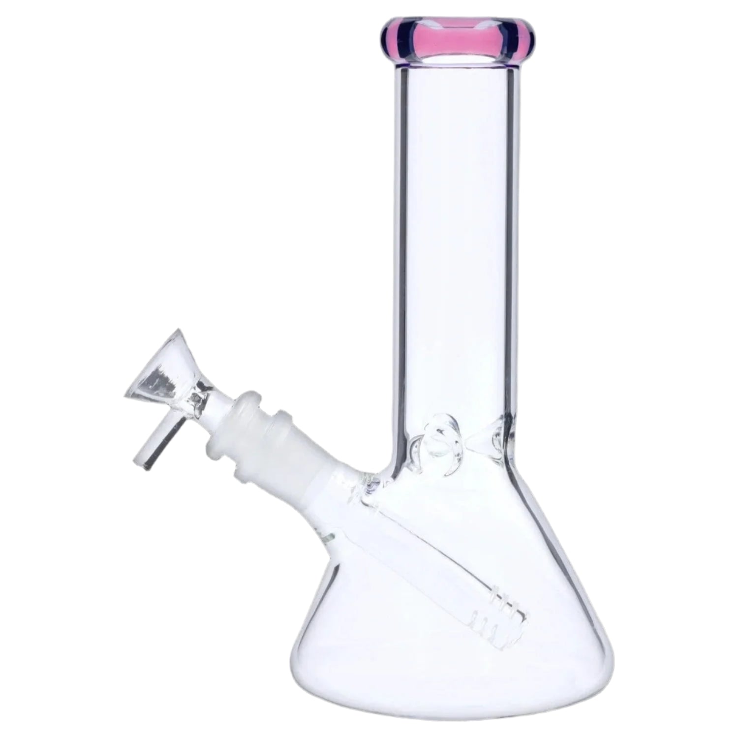Front view of the 8‚Äù 4mm Colored Mouthpiece Beaker showing a clear glass beaker body with a pink-rimmed mouthpiece and angled downstem.