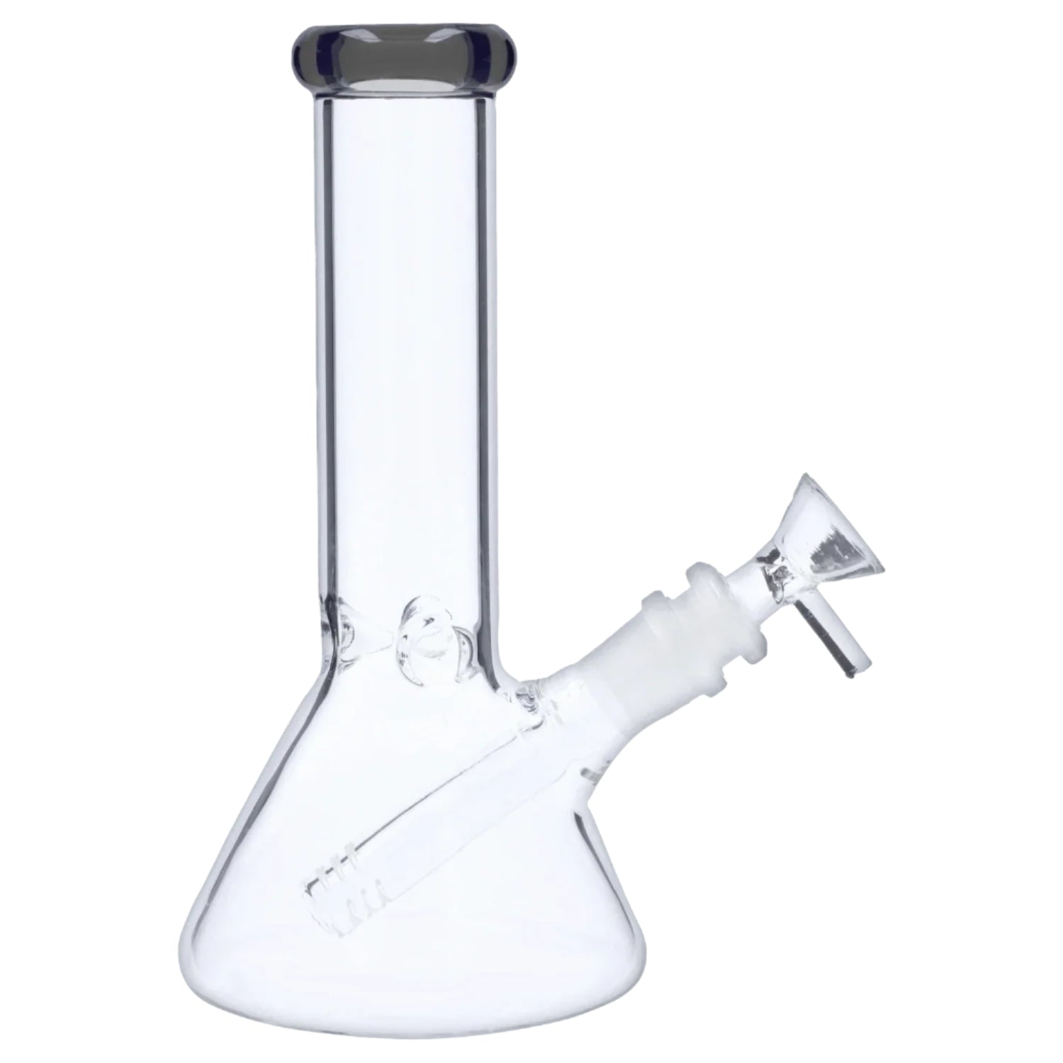 Front-profile close-up of the 8‚Äù 4mm Colored Mouthpiece Beaker showing its clear glass tube, angled downstem and bowl against a white background