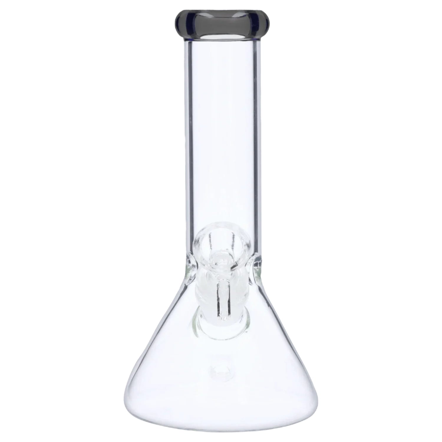 Centered front view of the 8‚Äù 4mm Colored Mouthpiece Beaker showing its clear glass neck, rounded colored mouthpiece rim, and conical base against a white background
