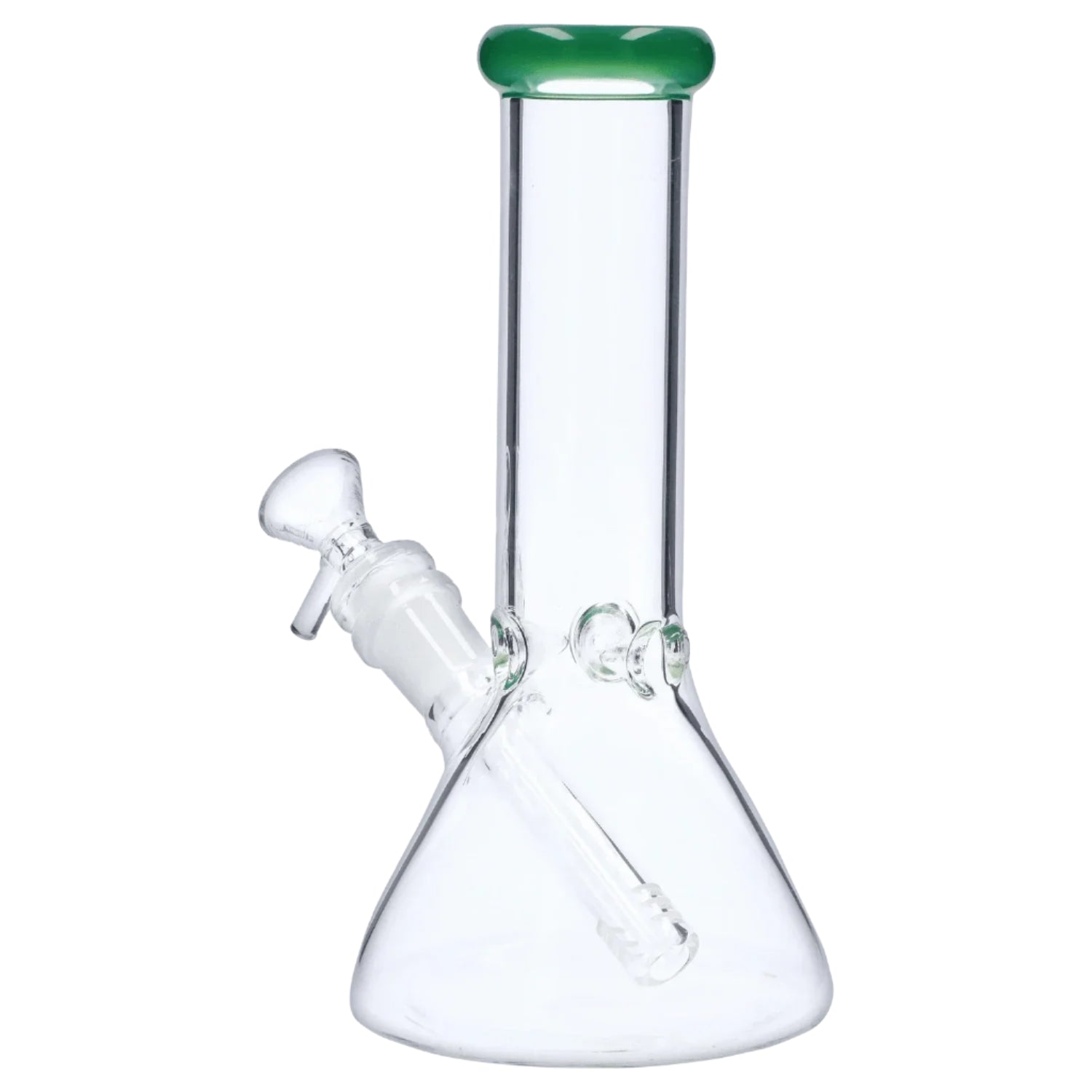 Close-up front view of the 8‚Äù 4mm Colored Mouthpiece Beaker showing its clear glass beaker body and green-colored mouthpiece rim.
