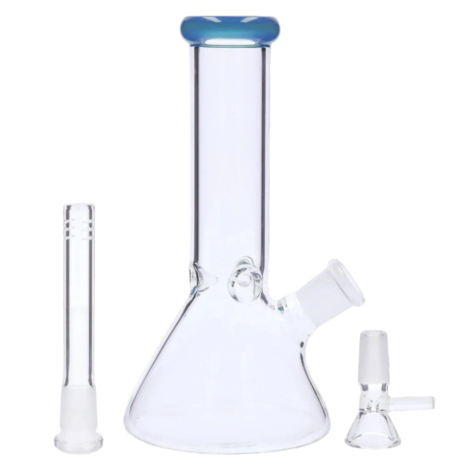 Front view of the 8‚Äù 4mm Colored Mouthpiece Beaker showing a clear glass beaker body with a blue-tinted rounded mouthpiece and detached bowls on a white background.