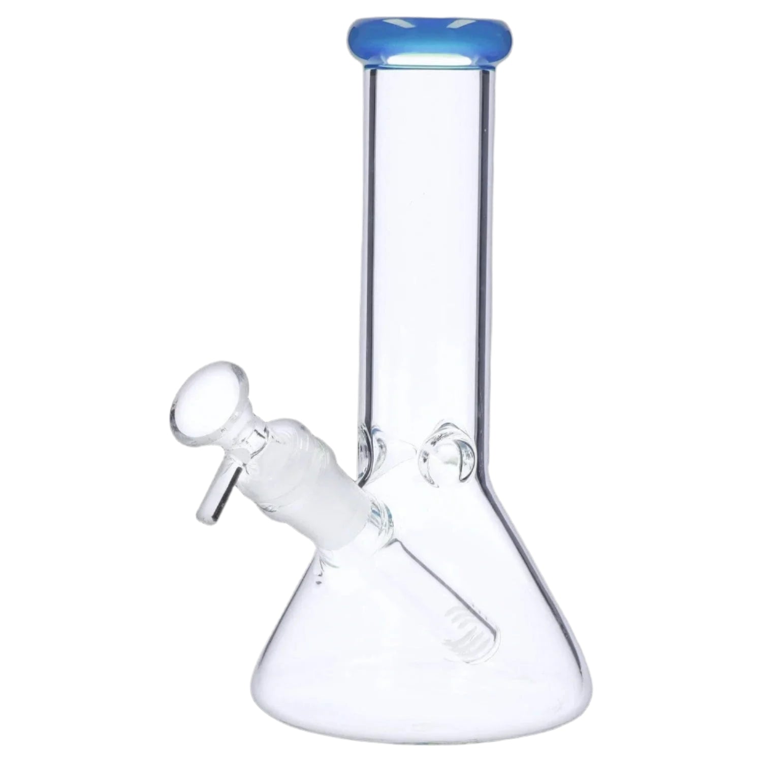Diagonal front view of the 8‚Äù 4mm Colored Mouthpiece Beaker showing its clear glass beaker body and blue-tinted mouthpiece.