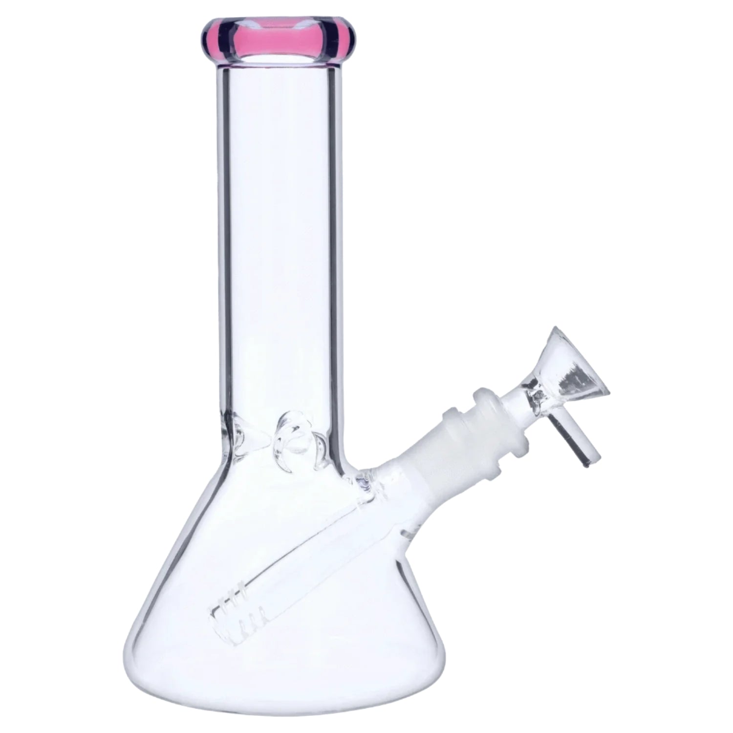 Close-up front view of the 8‚Äù 4mm Colored Mouthpiece Beaker showing the clear glass body with a pink-rimmed mouthpiece and angled downstem.