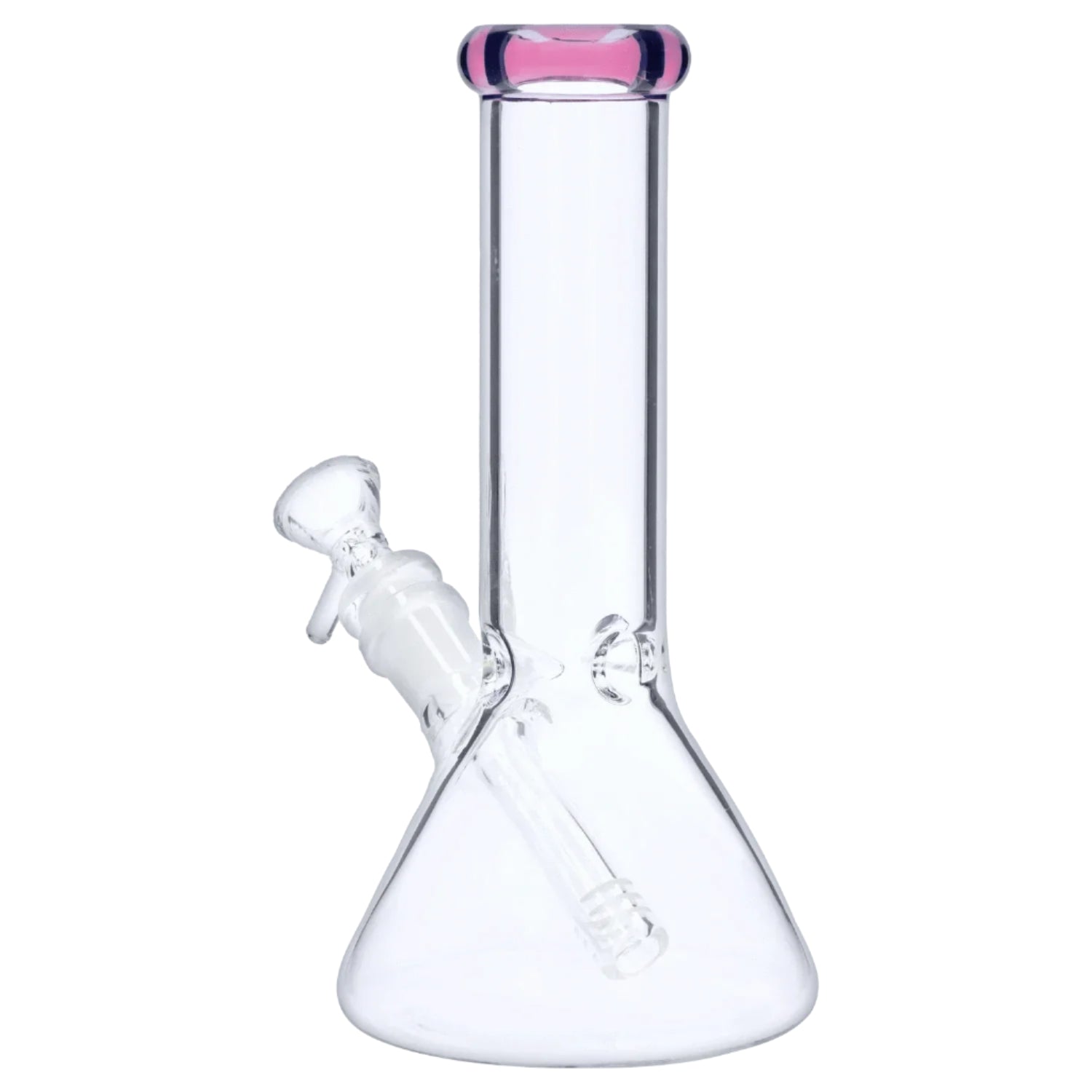 Front view of the 8‚Äù 4mm Colored Mouthpiece Beaker showing a clear glass beaker body with a pink-rimmed mouthpiece and angled downstem.