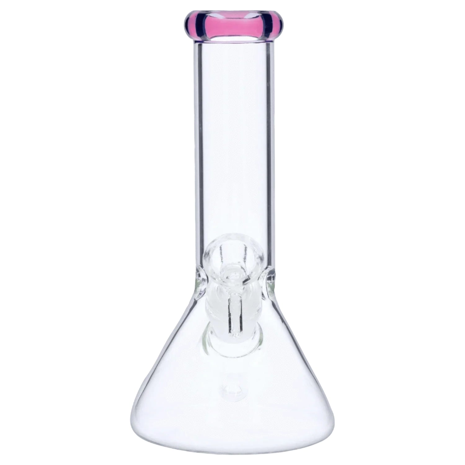Front view of the 8‚Äù 4mm Colored Mouthpiece Beaker showing a clear glass beaker body with a pink-tinted rounded mouthpiece.