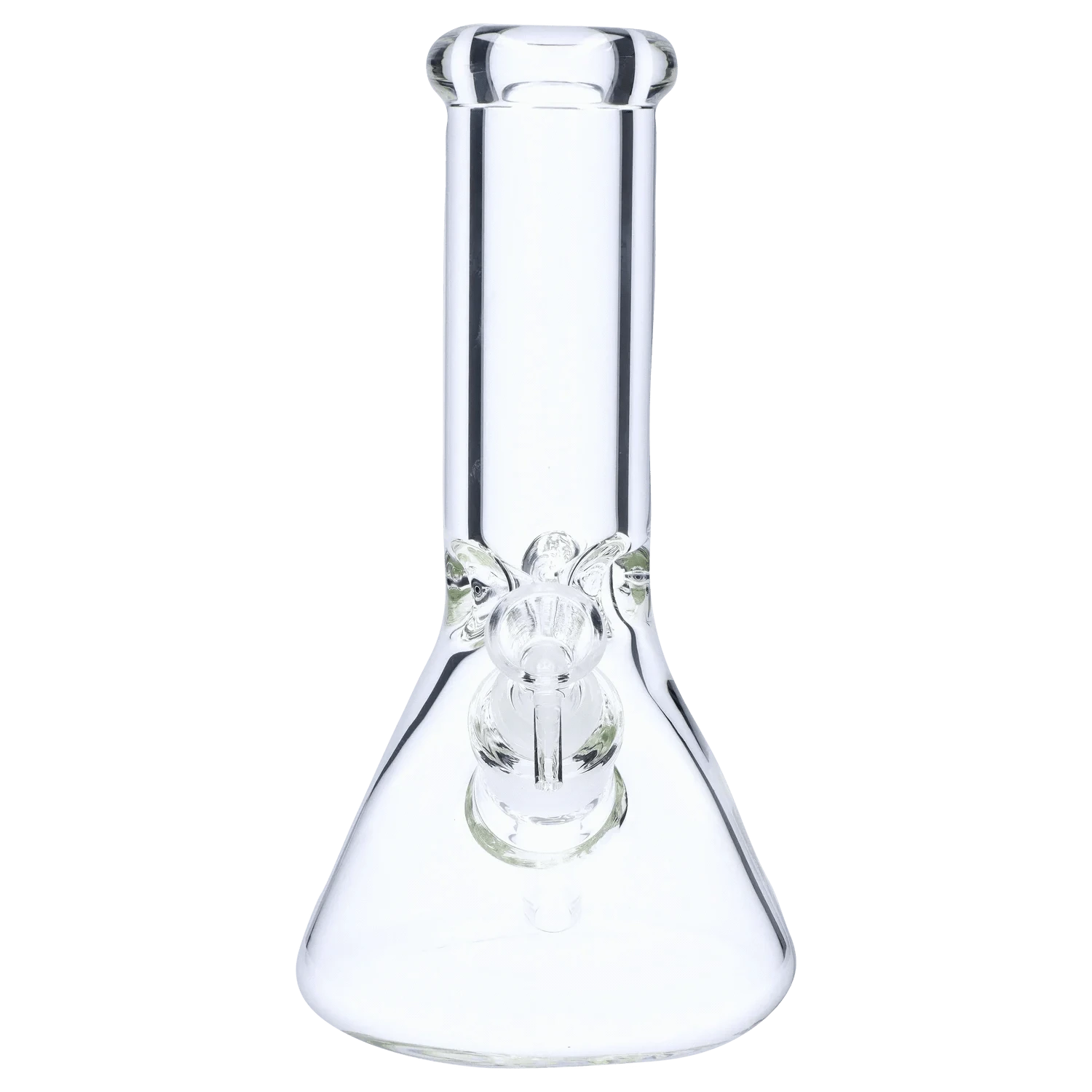 Top-down centered view of a clear glass "10" 5mm Ice Pinch Beaker" showing the straight neck, pinch indentations and bowl joint against a white background