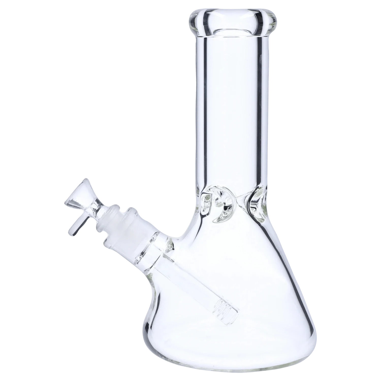 Angled close-up of the clear 10" 5mm Ice Pinch Beaker showing its straight neck, rounded mouthpiece, and slanted joint against a white background