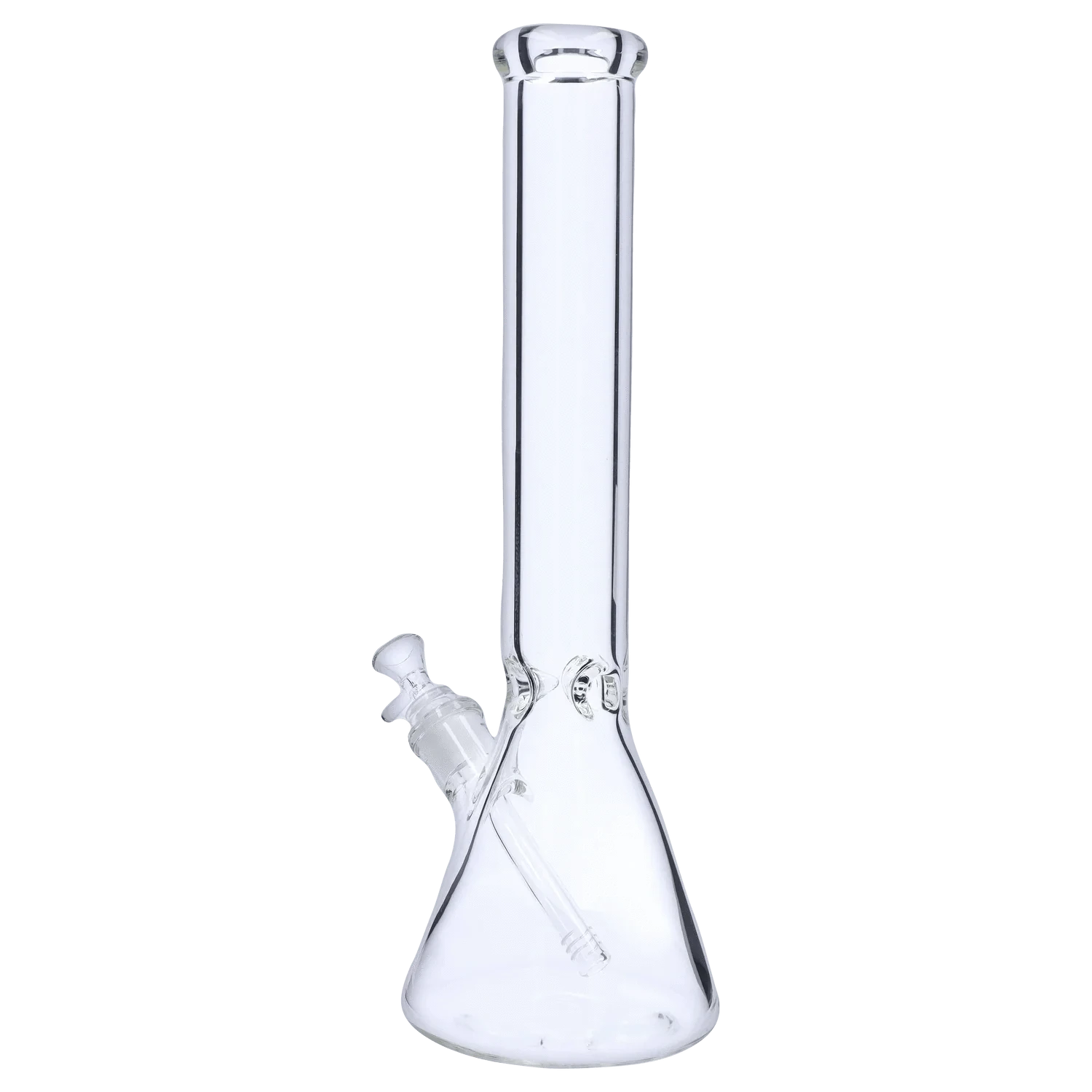 Vertical front view of the 18" 5mm Ice Pinch Beaker showing its clear glass straight neck, angled downstem, and beaker base.