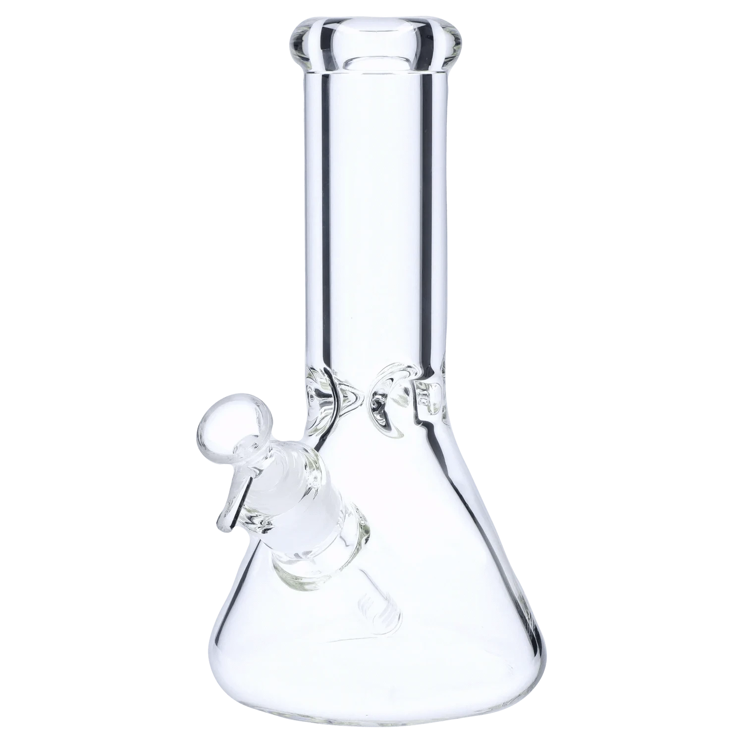 Straight-on view of the clear 10" 9mm Ice Pinch Beaker showing the tall cylindrical neck, pronounced rolled mouthpiece, and angled downstem against a white background