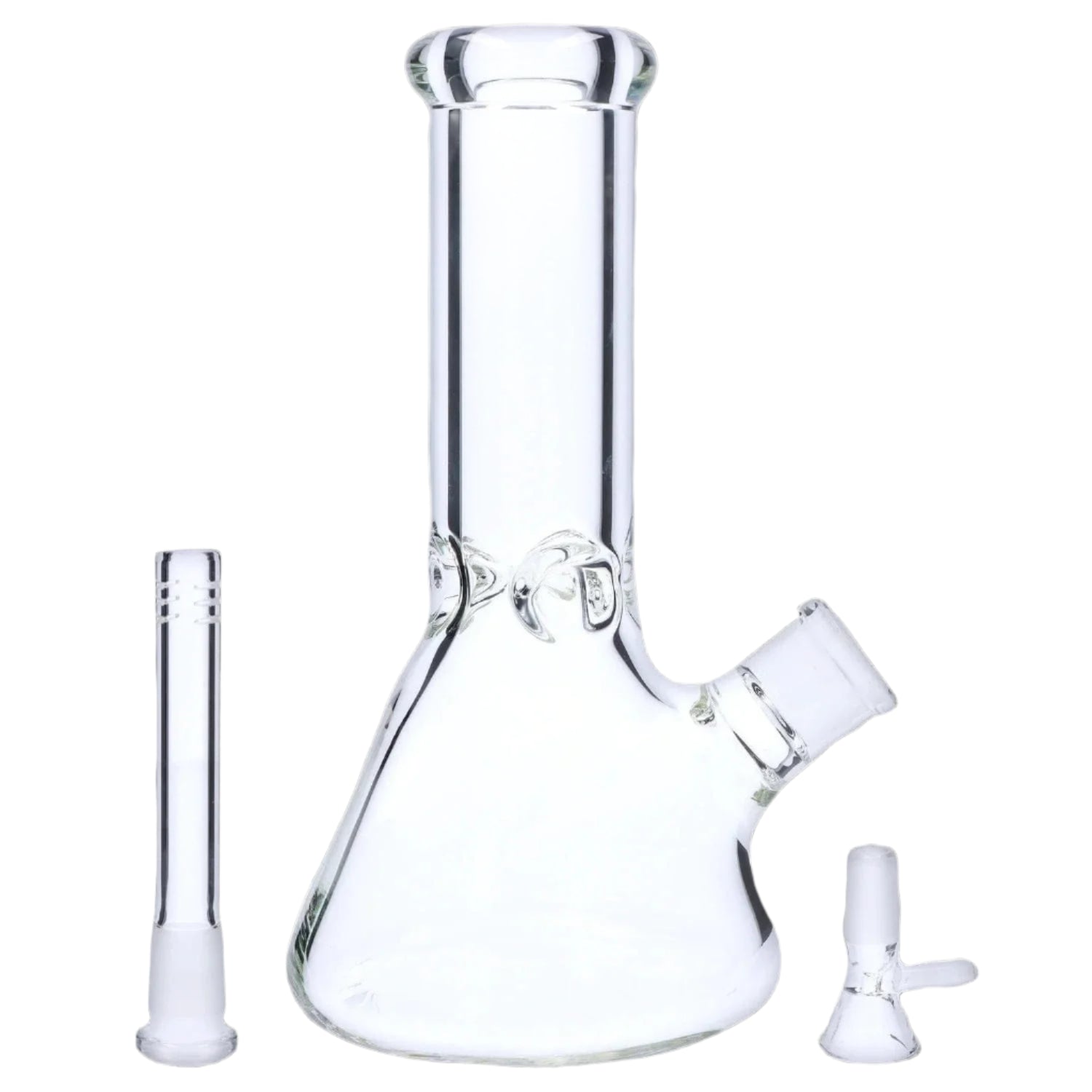 Close-up front view of the "10" 9mm Ice Pinch Beaker" clear glass beaker showing its flared mouth, angled joint and removable downstem against a white background.