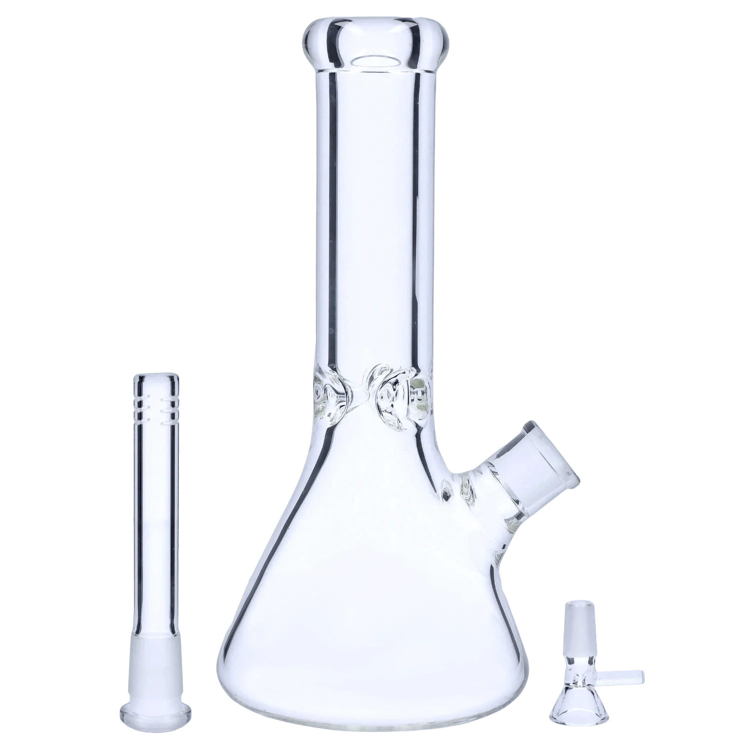 High-angle front view of the clear "12" 9mm Ice Pinch Beaker" showing its straight neck, ice pinch, angled joint, and separate downstem and bowl.