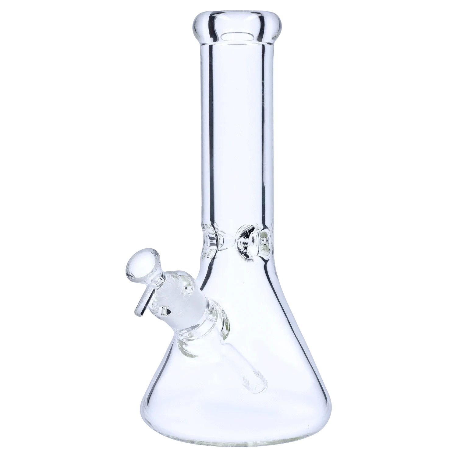 Close-up front view of the "12" 9mm Ice Pinch Beaker" showing the clear glass beaker base, straight neck, and angled downstem.