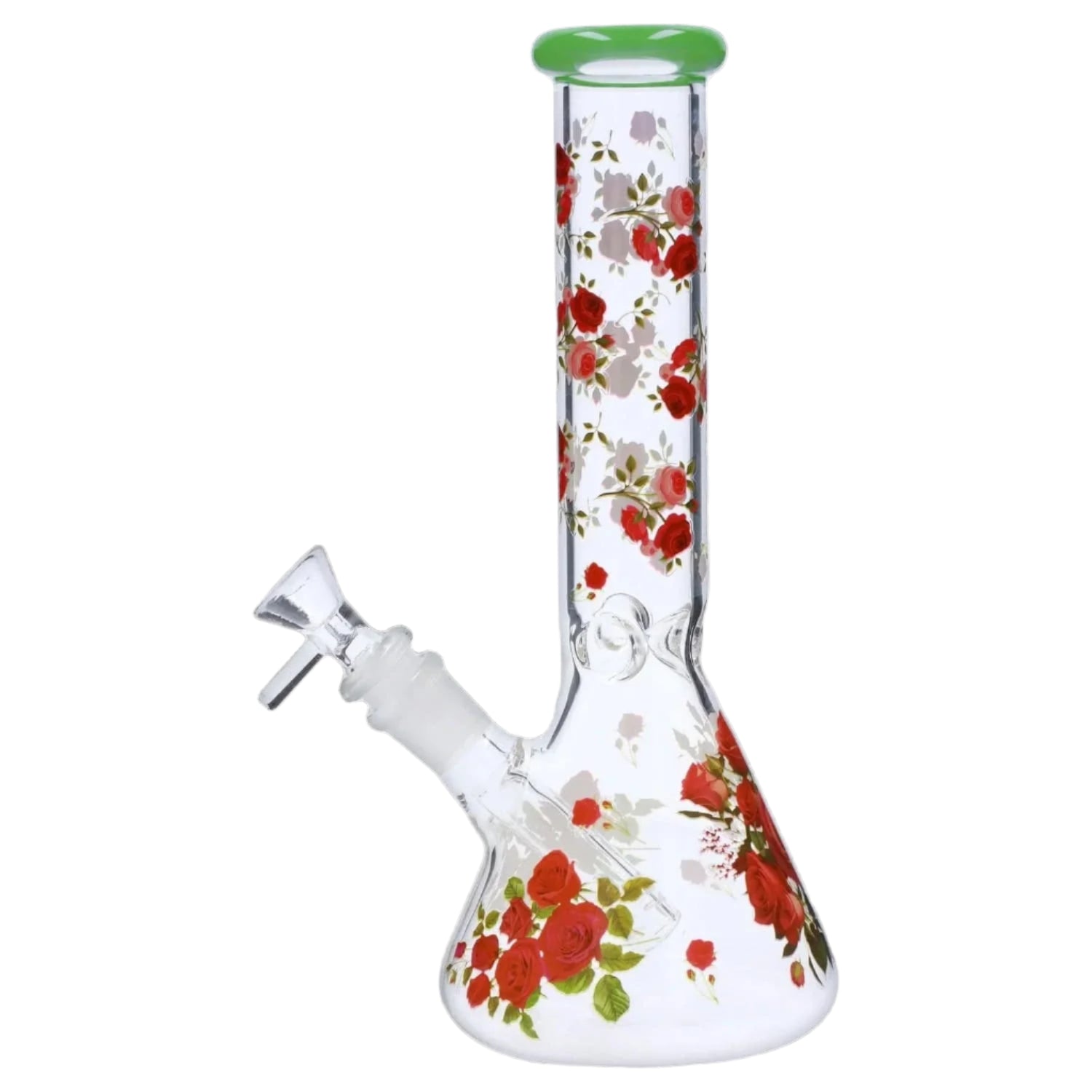 Angled close-up of the glass "10" Flower Decal Beaker Bong" showing its floral decal pattern and green-rimmed mouthpiece against a white background