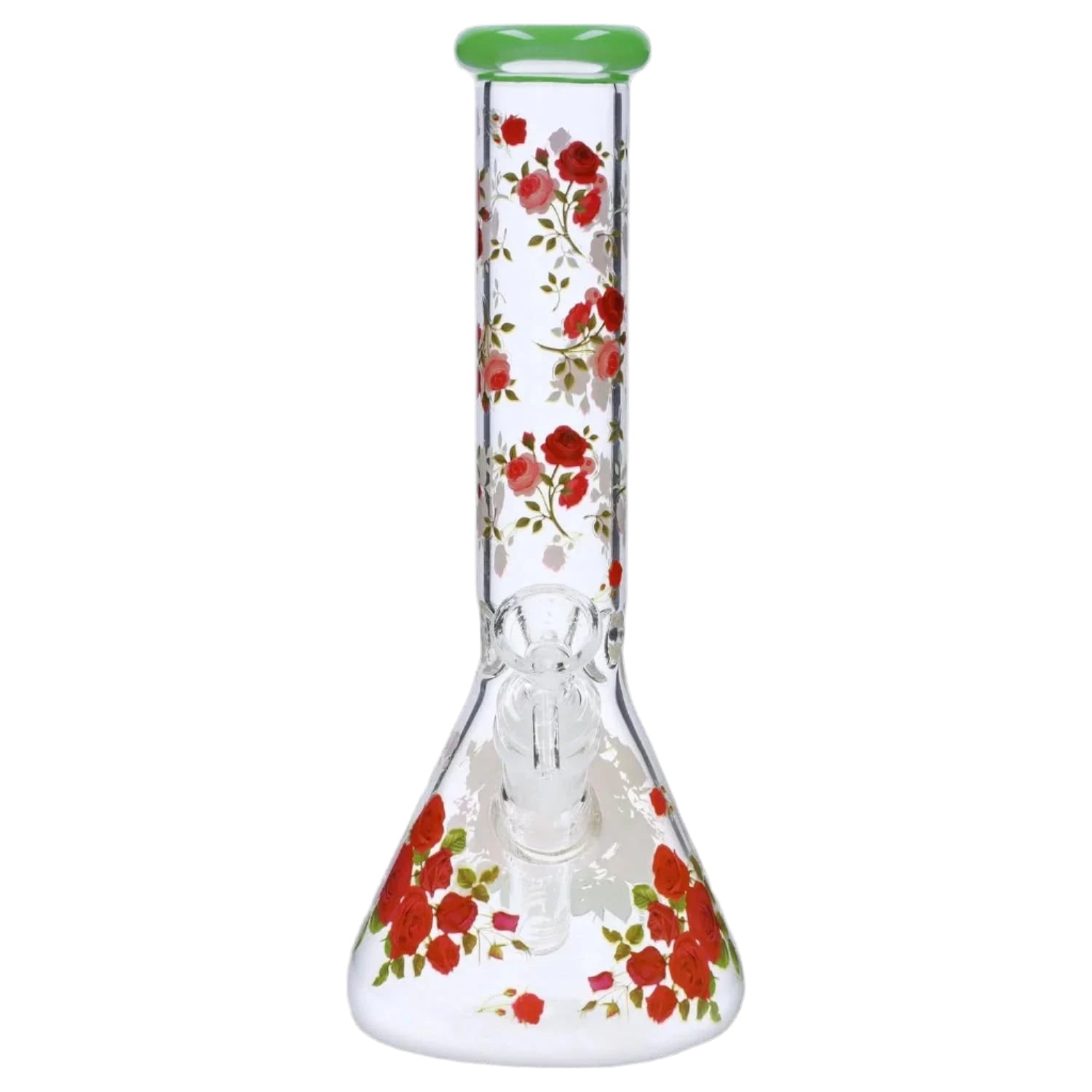Front view of the "10" Flower Decal Beaker Bong" showing its clear glass neck and beaker base decorated with red rose decals and a green-rimmed mouthpiece