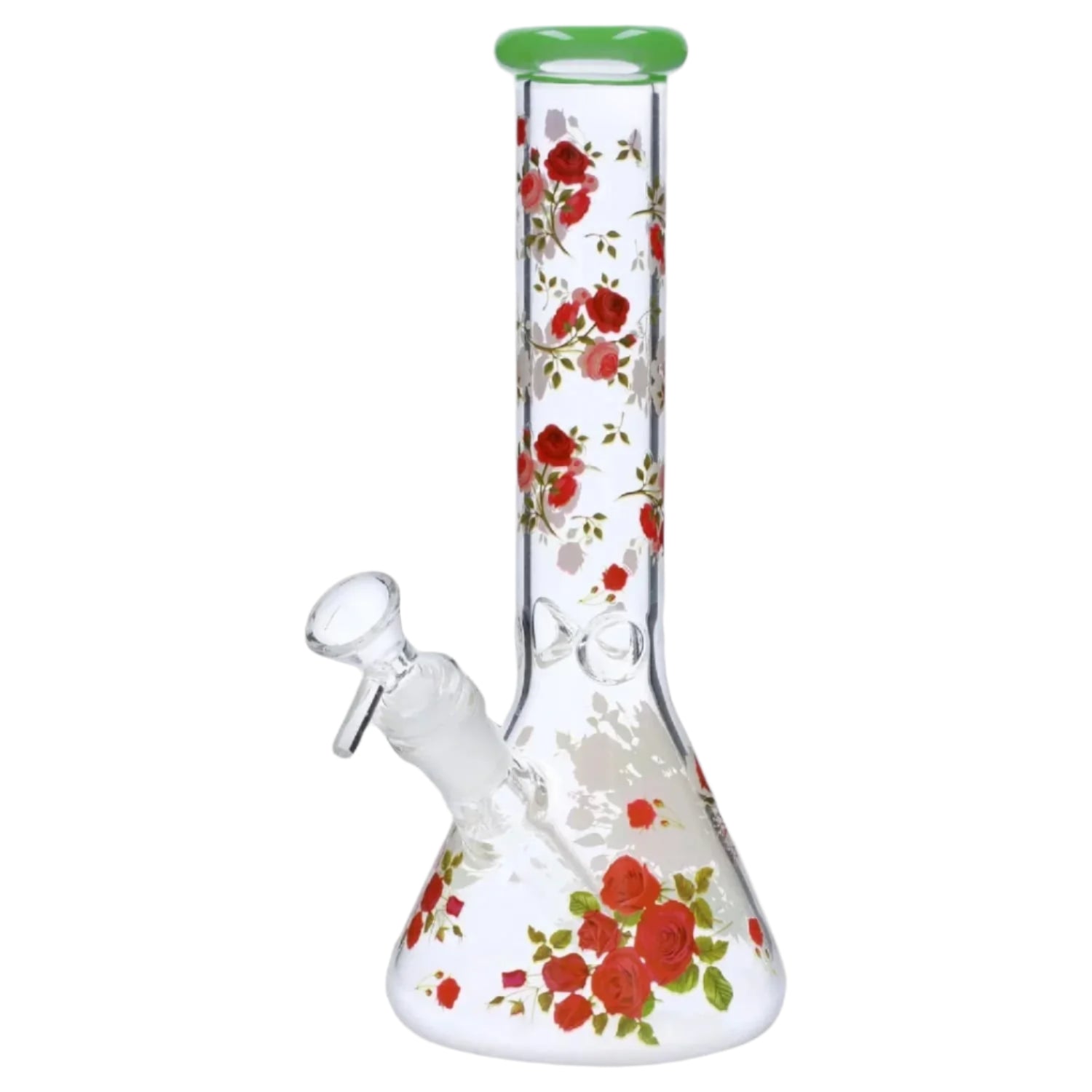 Front view of the 10" Flower Decal Beaker Bong with red rose decals on clear glass and a green-rimmed mouthpiece.