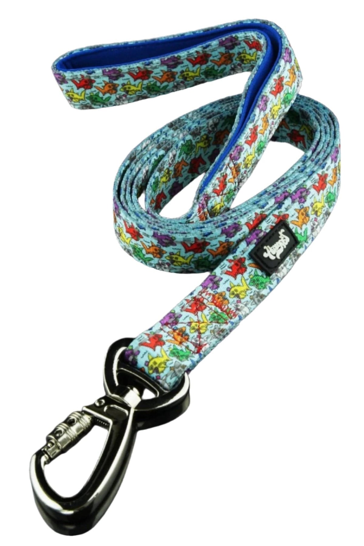 A close-up, angled view of the 6' Dog Leash, showcasing its colorful patterned fabric and metal clasp.