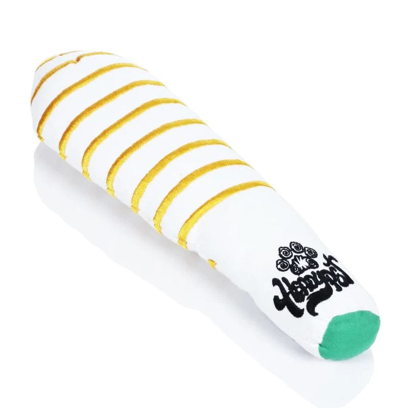 A close-up of the Twax Dog Toy, featuring a striped, bone-shaped design in white and gold.