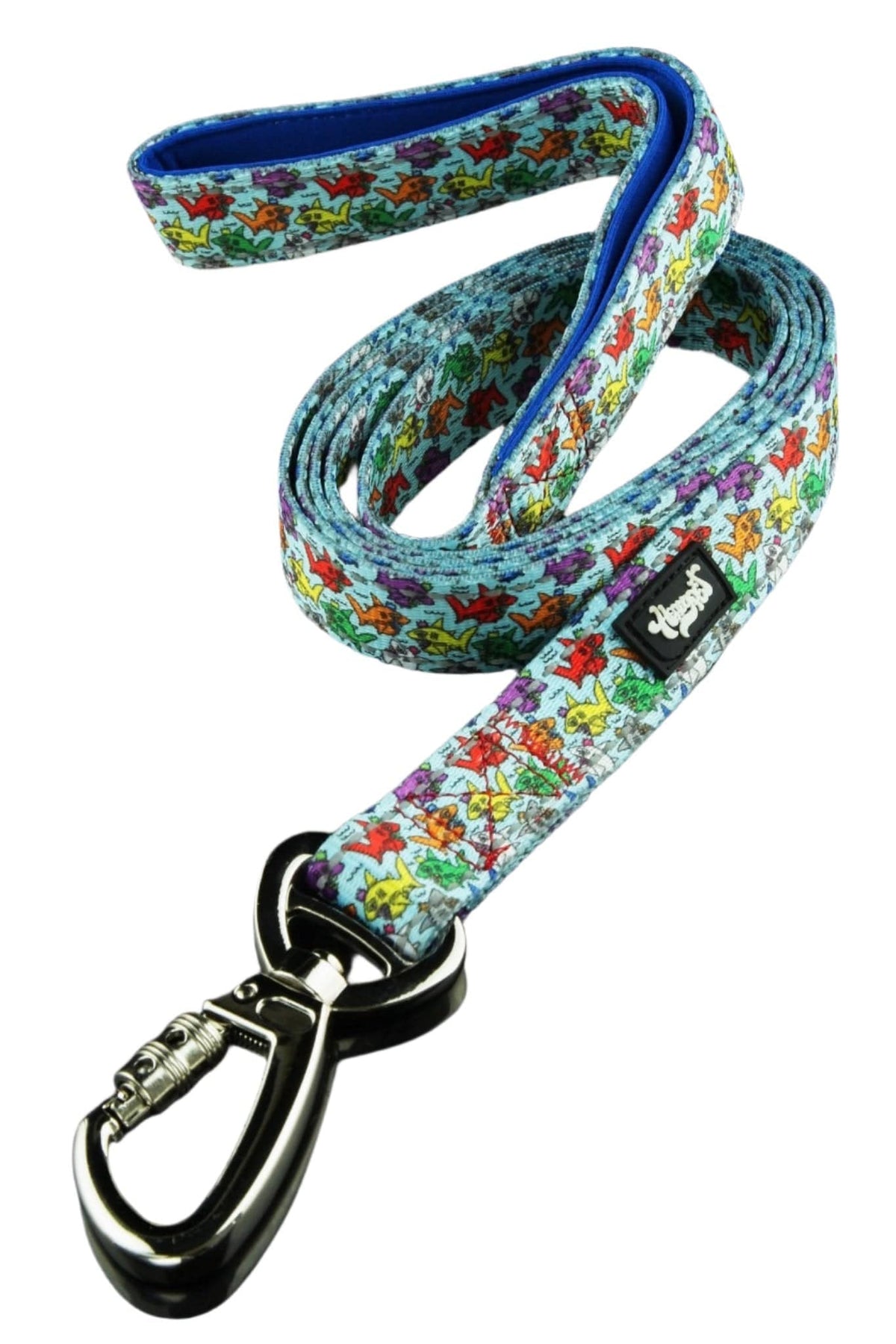 A close-up, angled view of the 6' Dog Leash, showcasing its colorful pattern and durable construction.