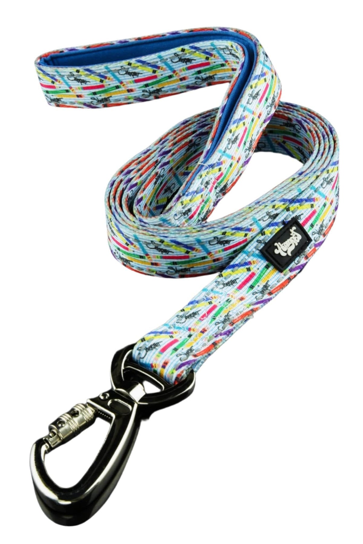 A slightly angled view of the 6' Dog Leash, a colorful patterned strap coiled against a plain white background.