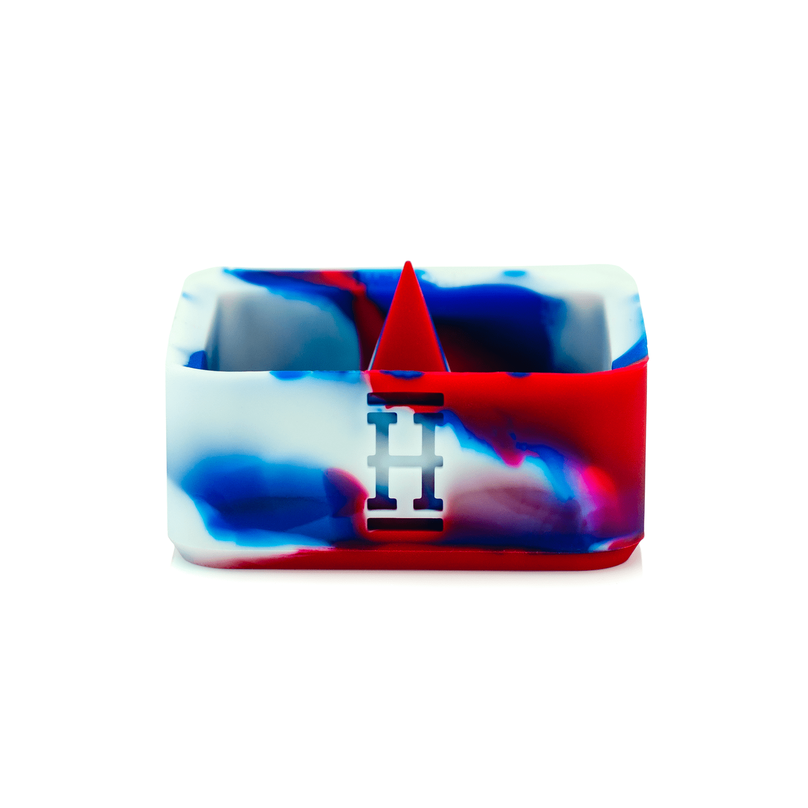 Front view of the Silicone Caché Debowling Ashtray, showcasing its unique, swirling blue and white pattern.