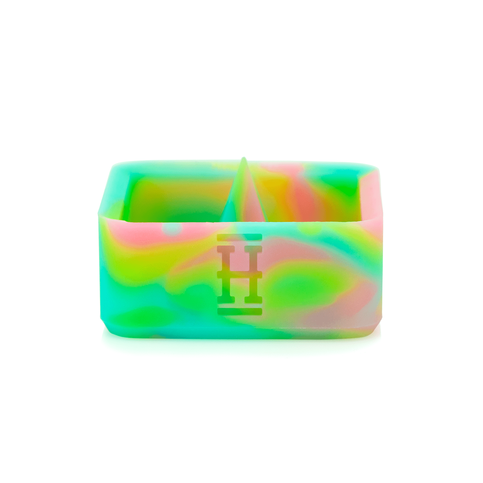 Front view of the Silicone Caché Debowling Ashtray, showcasing its rounded shape and colorful, marbled design.