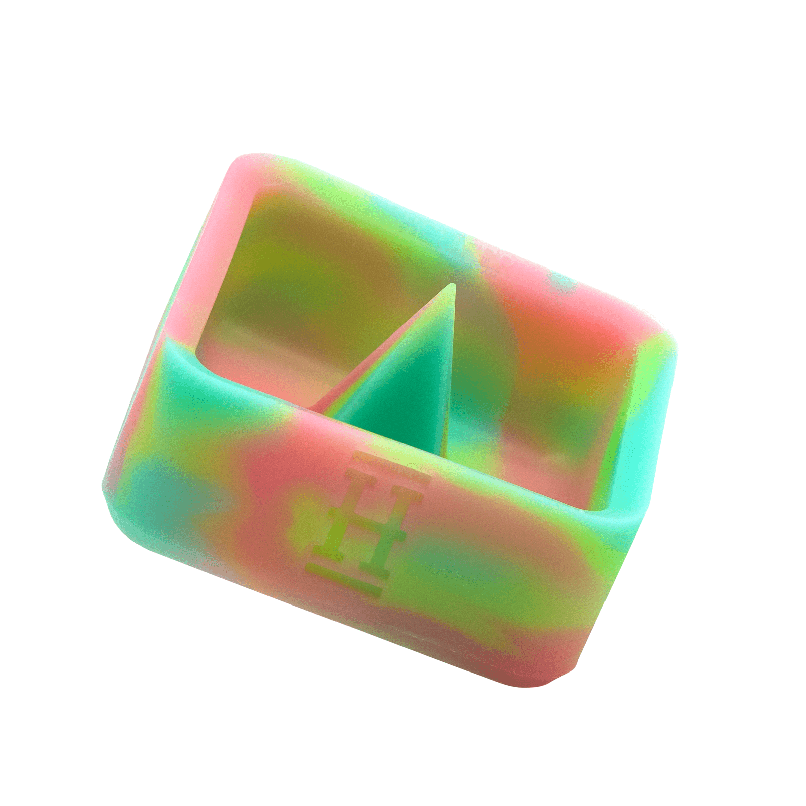 A close-up, angled view of the Silicone Caché Debowling Ashtray, showing its smooth, rounded form and colorful, marbled design.