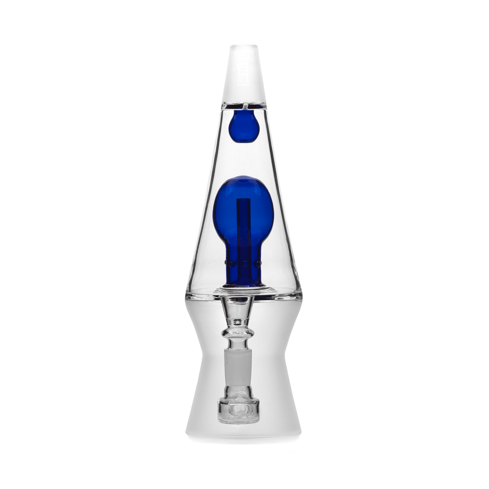Centered front view of the 70's XL Bong showing its clear glass cone with a vivid blue inner bulb and white frosted mouthpiece.