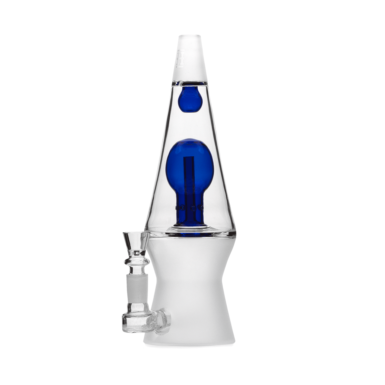 Centered studio shot of the 70's XL Bong showing its conical clear glass top with a blue internal percolator and frosted white midsection.