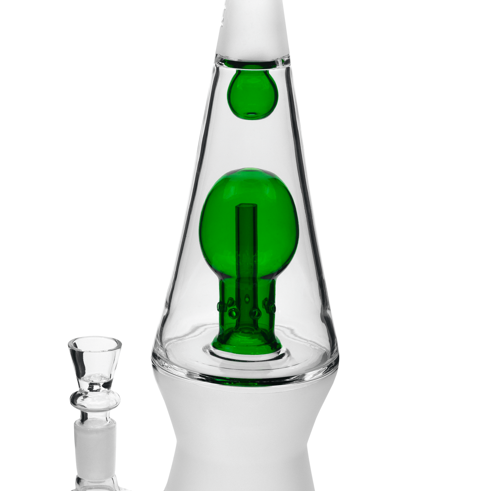 Close-up front view of the 70's XL Bong showing its conical clear glass body with a bright green internal percolator and frosted white accents.