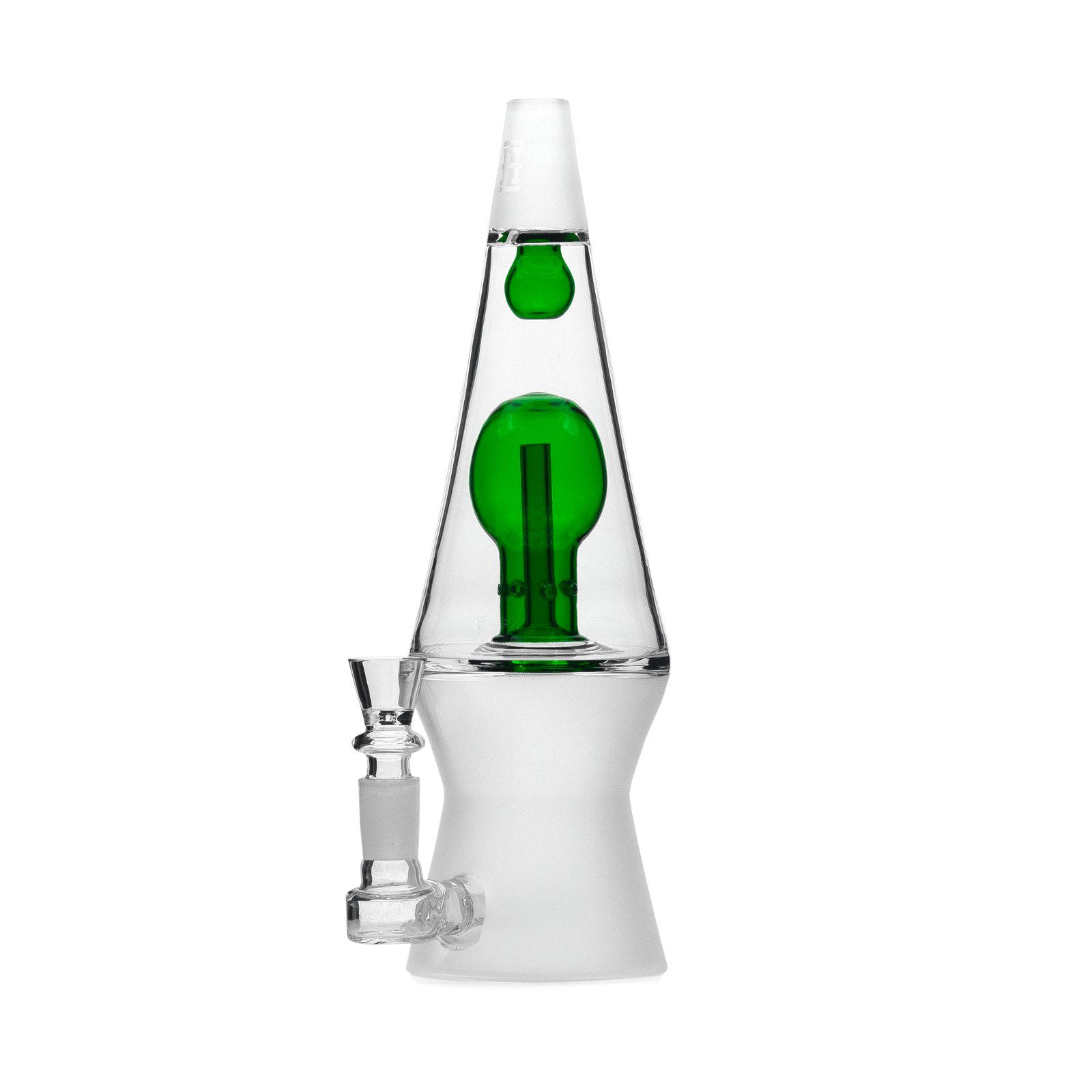 Close-up front view of the clear 70's XL Bong showing its conical top with green inner percolator and frosted midsection.