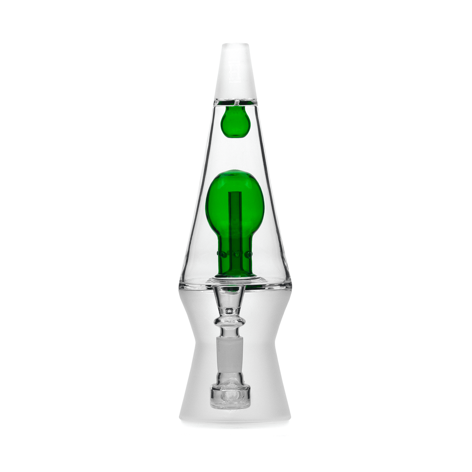 Center-frontal close-up of the 70's XL Bong showing its conical clear glass body with a vivid green inner chamber against a white background