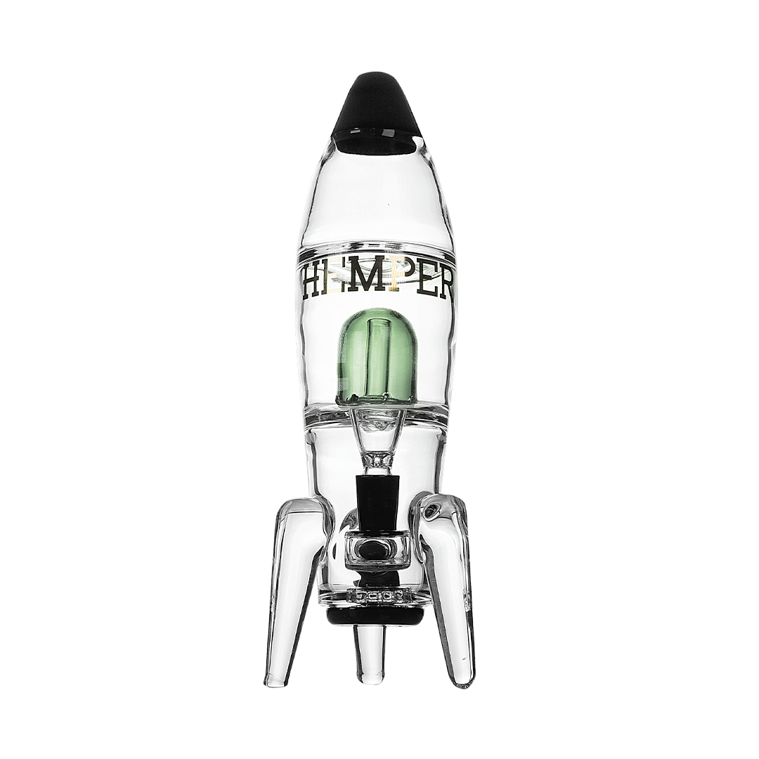 Center-front view of the clear Rocket Ship XL Bong shaped like a rocket with a black tip, visible green inner chamber, and three glass legs.