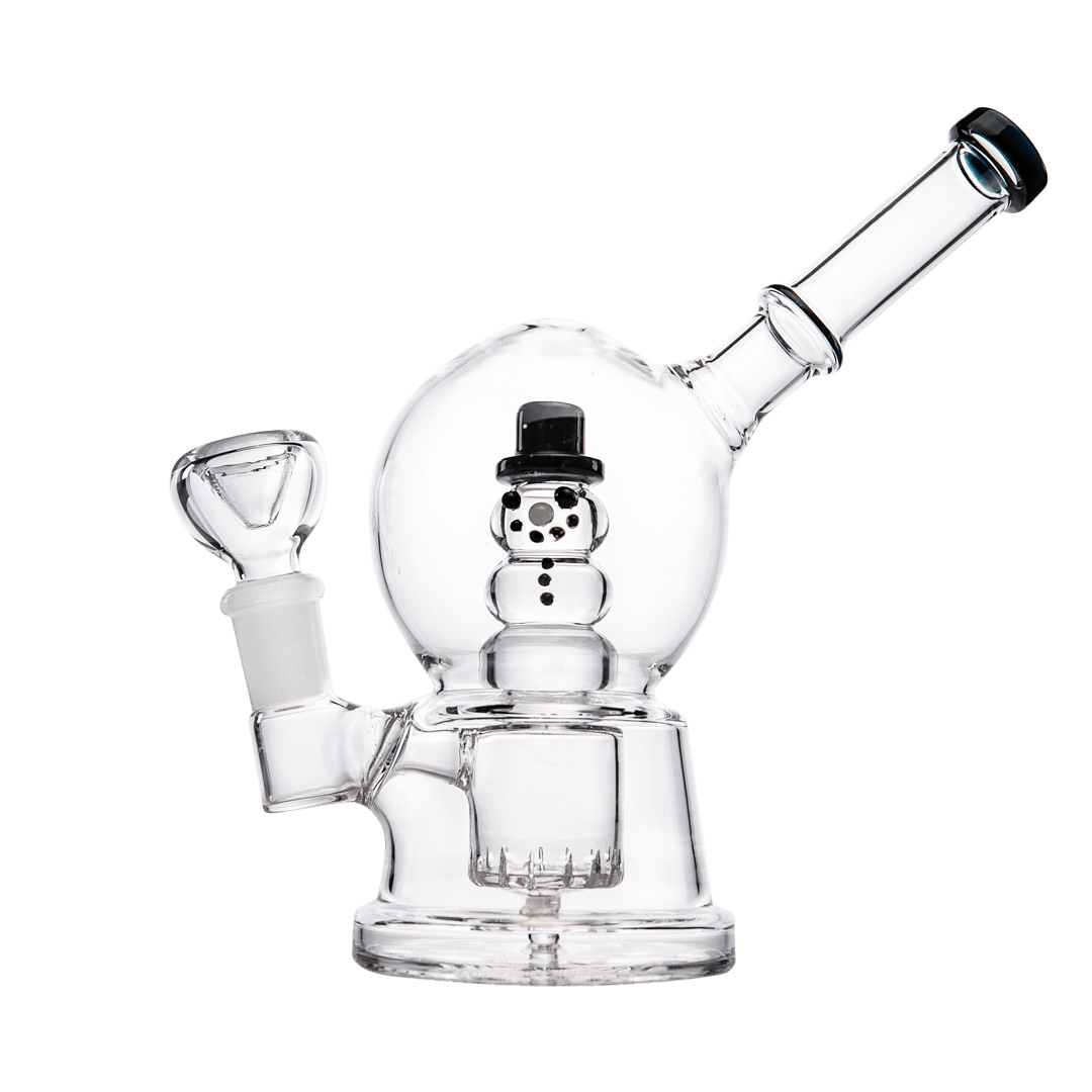 Front view of the Snow Globe Bong, a clear glass water pipe with a rounded base and decorative accents.