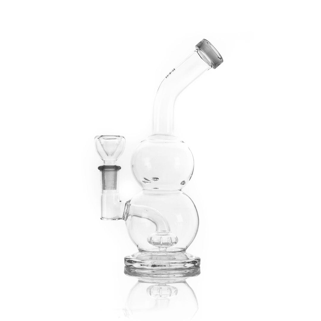 Front view of the Tornado Vortex Rig, a clear glass rig with a rounded base and angled neck.