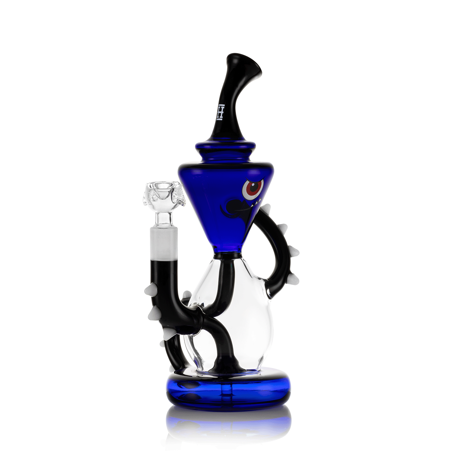 Side view of the Candy Monster XL Bong 9" showing its blue triangular chamber with a painted monster eye and black curved mouthpiece against a white background