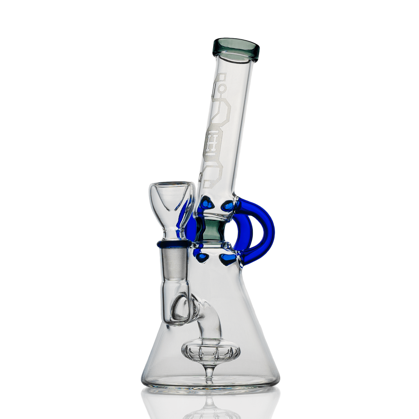 A studio shot of the Hemper Cyberpunk Bong, showcasing its clear glass construction and sleek, angled design on a reflective surface.