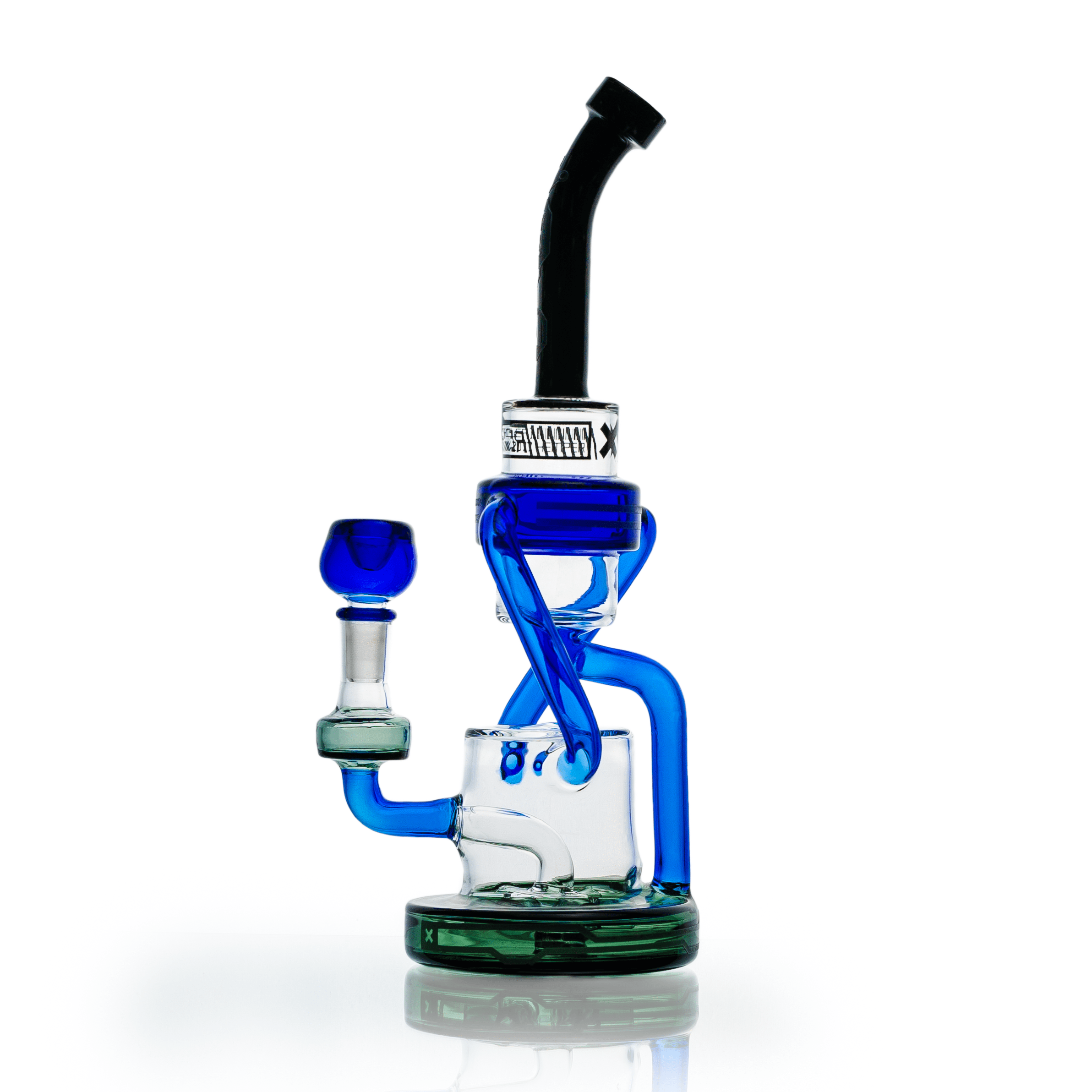 Side view of the blue and clear glass Hemper Cyberpunk XL Recycler Bong with a twisted blue recycler tube and matching bowl against a white background.