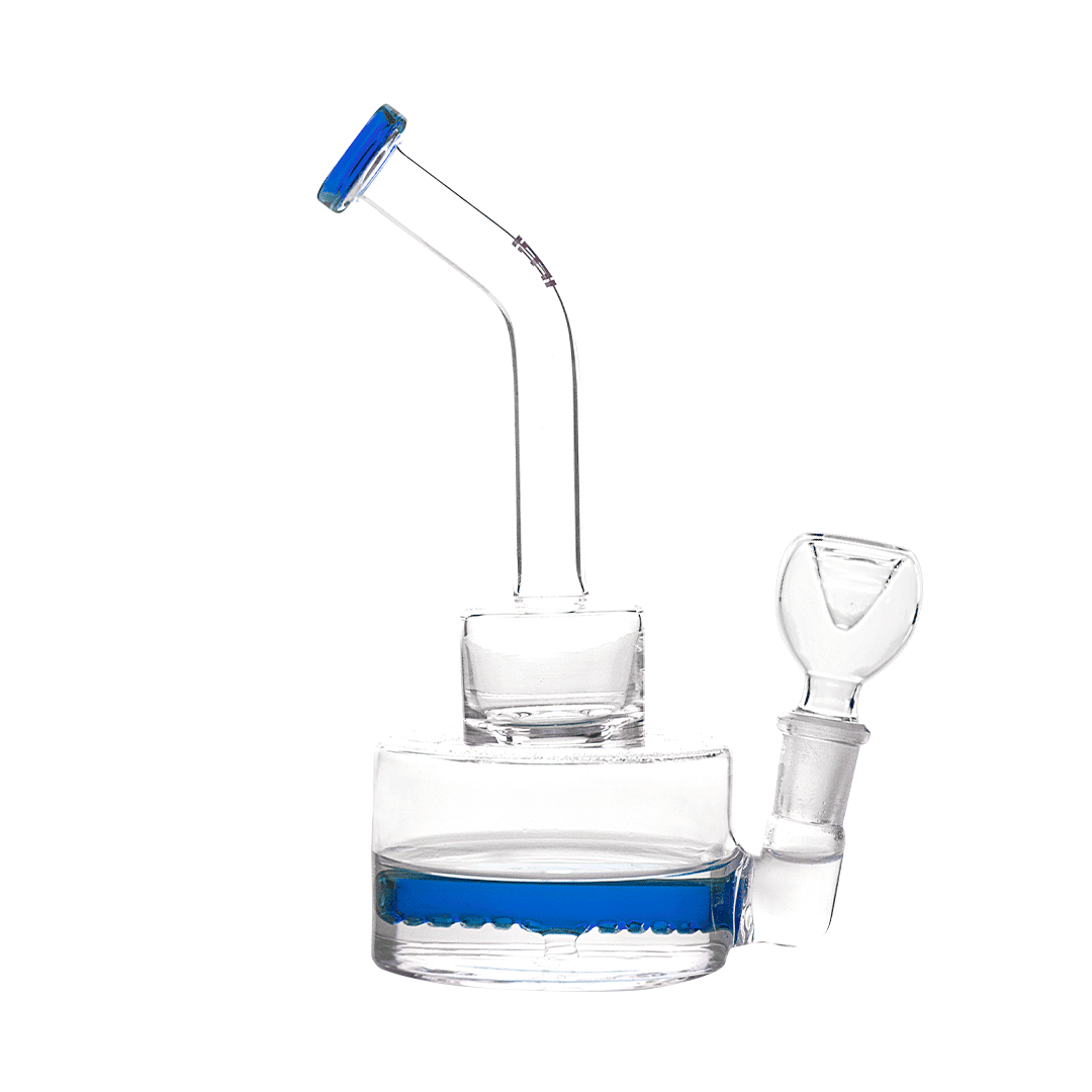A front view of the Hemper Inline Puck Bong V2| featuring clear glass and a blue puck detail within the cylindrical base.