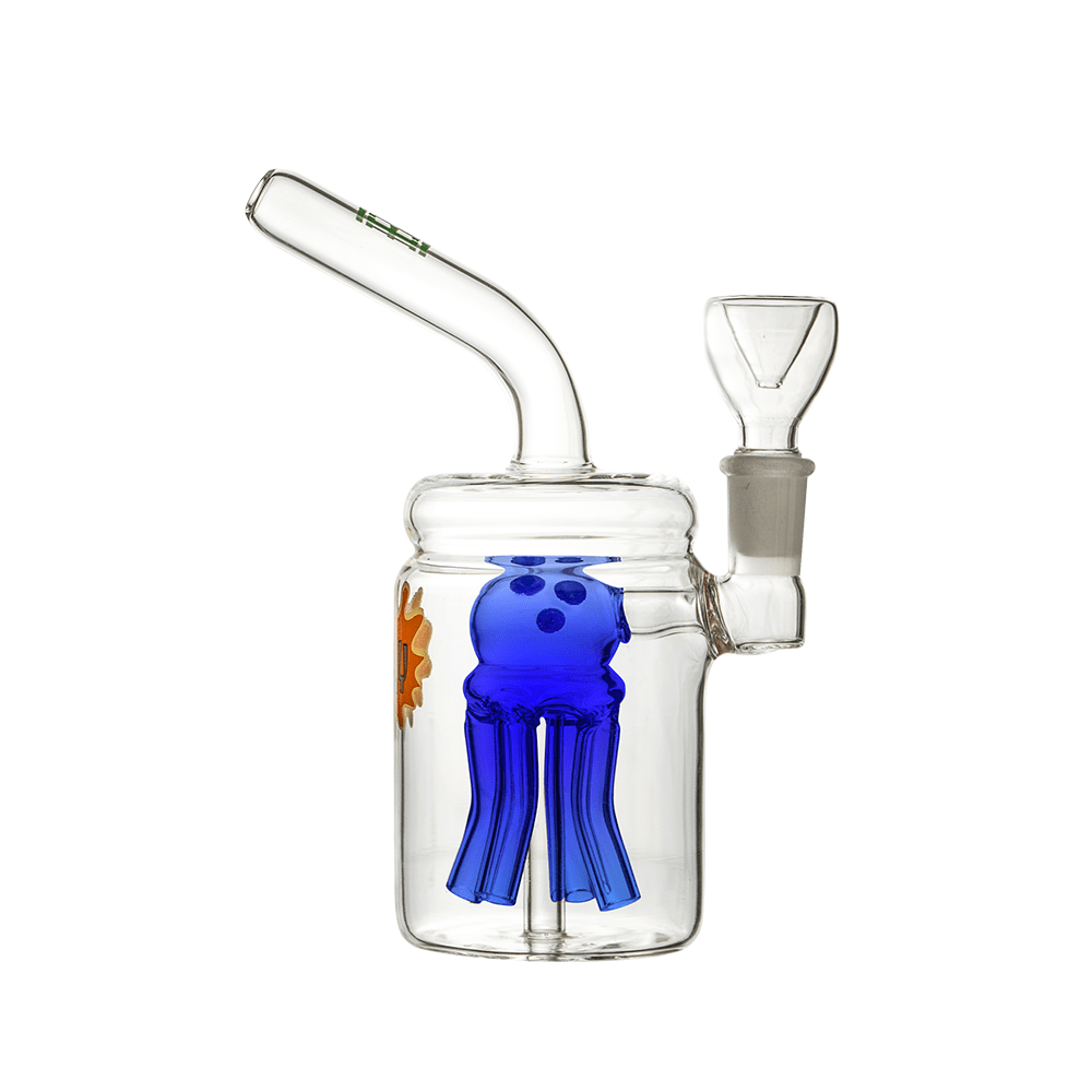 Front view of the Hemper Jellyfish Jar Bong, showcasing a blue jellyfish shape within a clear glass jar.