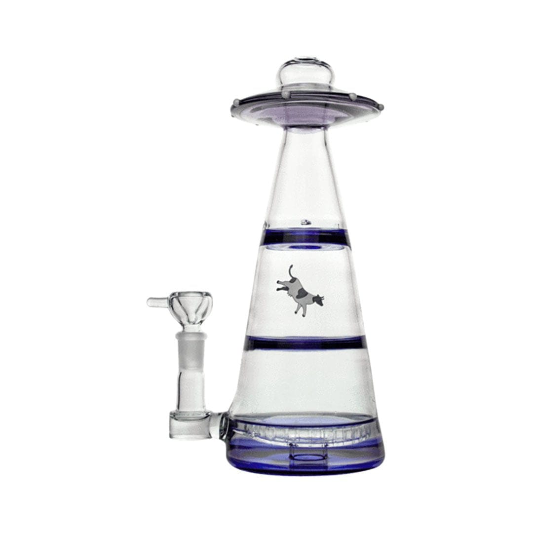 Front view of the Mothership XL Bong showing a conical clear glass body with blue banding, UFO-style top and a small side joint.