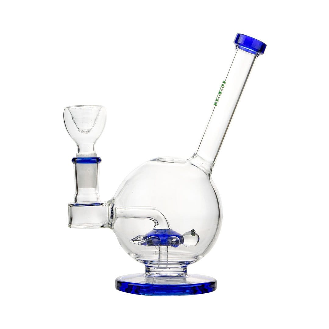 Front view of the Sea Turtle Bong, a clear glass water pipe with a blue accent and rounded base.