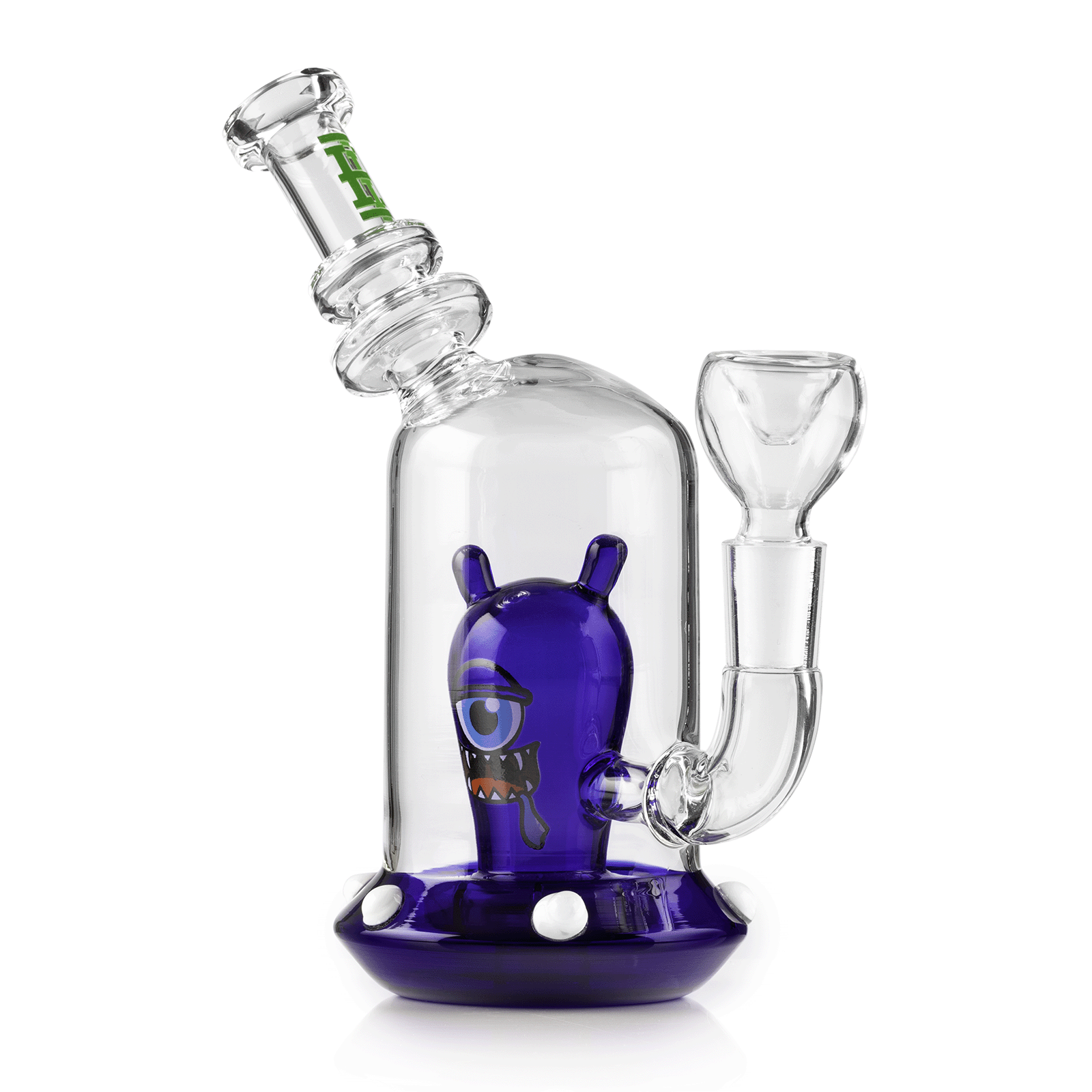 Angled close-up of the Space Monster Bong 7" showing its clear glass neck and purple monster percolator inside against a white background