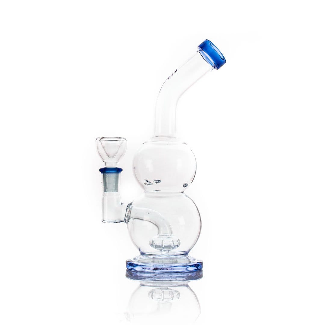 Front view of the Tornado Vortex Rig, a clear glass rig with a unique rounded base and blue accent on the joint.