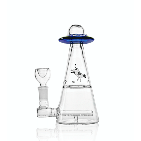 A three-quarter view of the UFO Vortex Rig, a clear glass water pipe with a unique, rounded design reflecting on a polished surface.