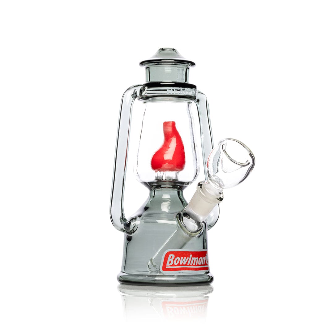 A studio shot of the 7-inch Bowlman Lantern Bong, showcasing its unique, lantern-inspired glass design.