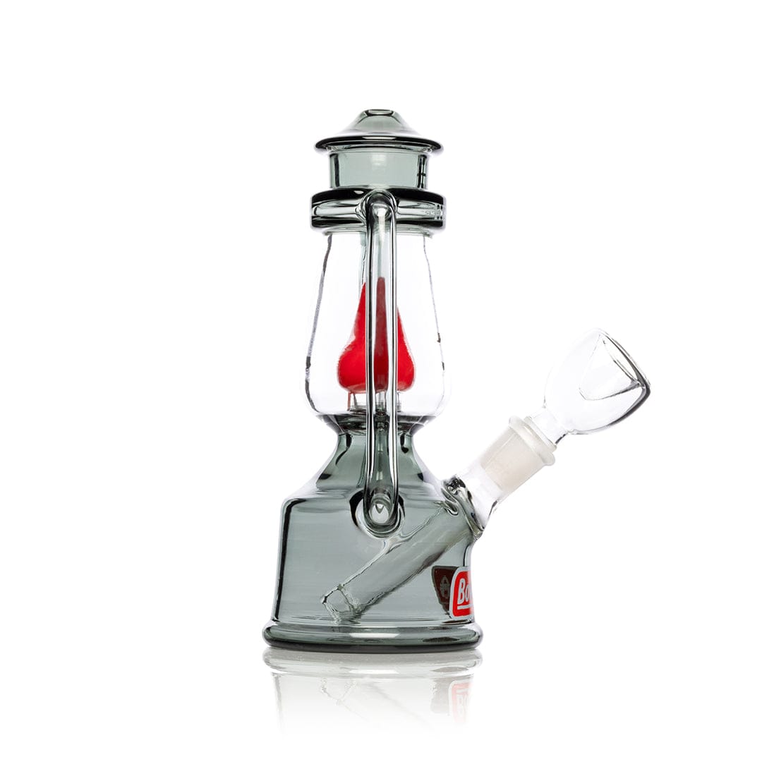 A three-quarter view of the 7-inch Bowlman Lantern Bong, showcasing its clear glass construction and unique lantern-shaped design.