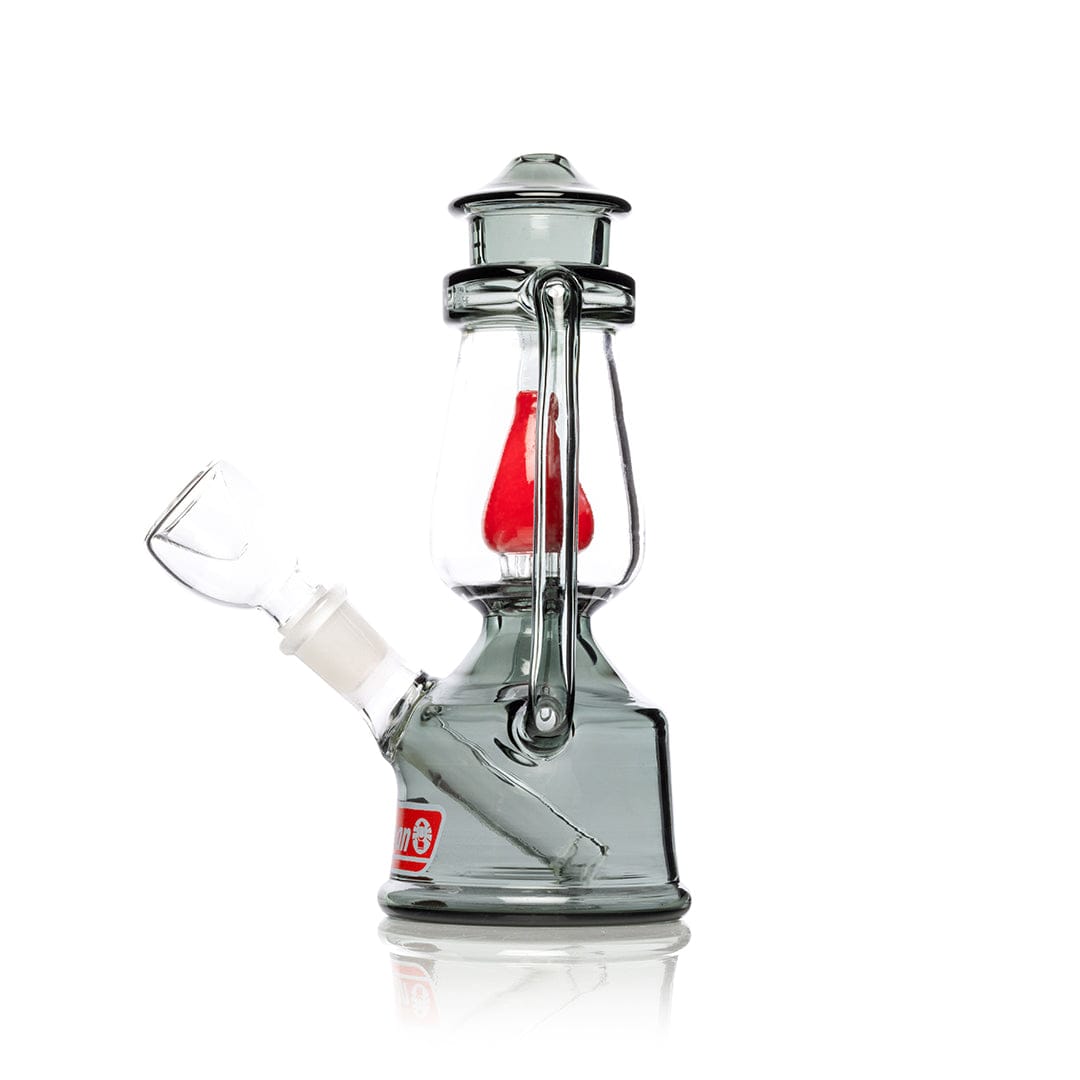A three-quarter view of the 7-inch Bowlman Lantern Bong, showcasing its clear glass construction and unique lantern-shaped design.