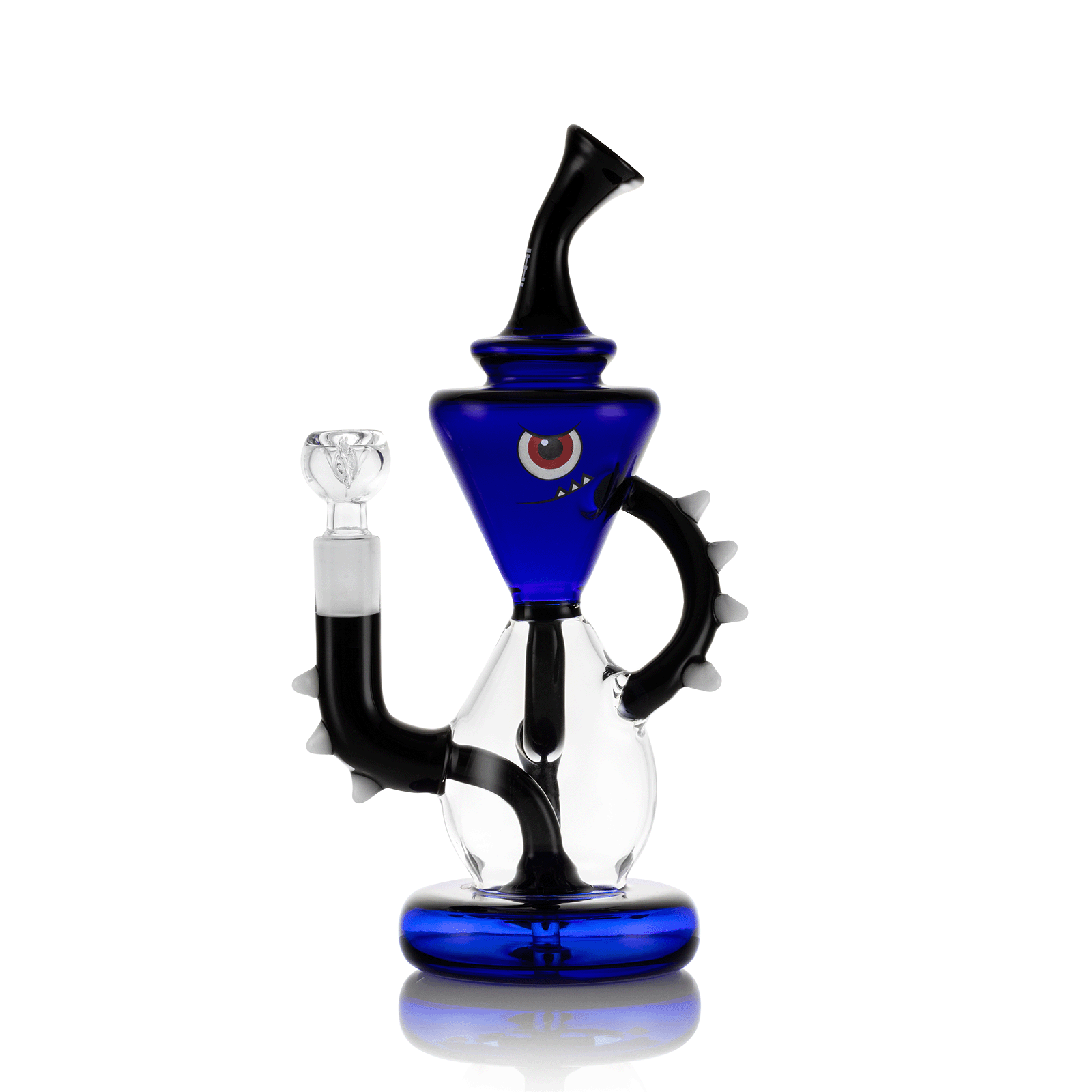Three-quarter view of the Candy Monster XL Bong 9" showing its blue monster face chamber, black spiked handle, and reflective base.